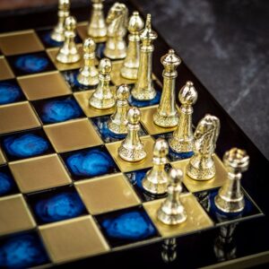 Manopoulos Staunton Metal Chess Set with Bronze Board - Large - Blue  - can be Engraved or Personalised