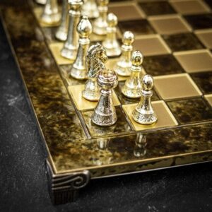 Manopoulos Staunton Metal Chess Set with Bronze Board - Large - Brown  - can be Engraved or Personalised