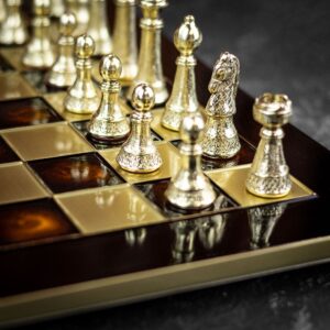 Manopoulos Staunton Metal Chess Set with Bronze Board - Large - Red  - can be Engraved or Personalised