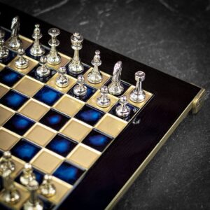 Manopoulos Staunton Metal Chess Set with Bronze Board - Small - Blue  - can be Engraved or Personalised