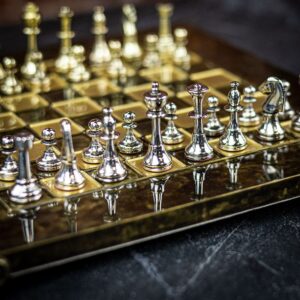 Manopoulos Staunton Metal Chess Set with Bronze Board - Small - Brown  - can be Engraved or Personalised