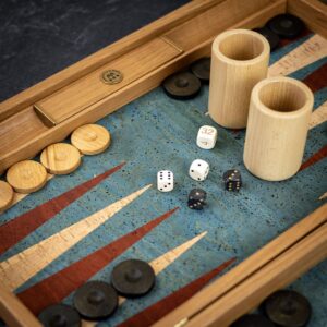 Manopoulos Turquoise Cork Backgammon Set - Tournament  - add a Personalised Brass Plaque
