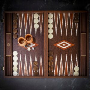 Manopoulos Walnut Burl and Mother of Pearl Backgammon Set - Tournament  - add a Personalised Brass Plaque