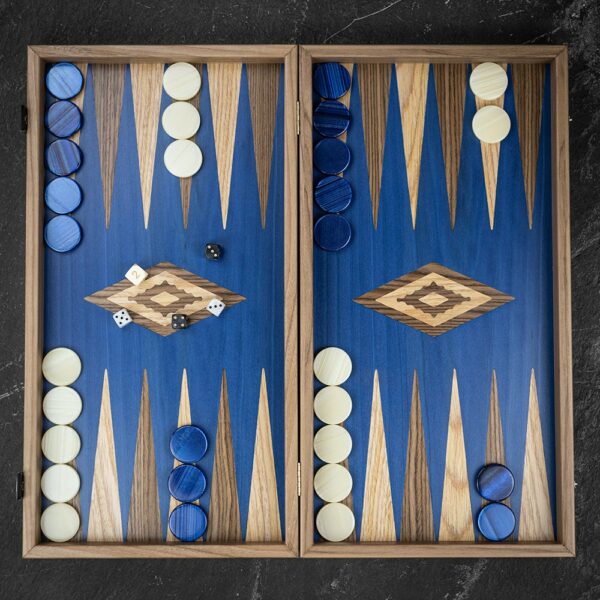 Manopoulos Walnut with Blue Oak Backgammon Set - Large  - add a Personalised Brass Plaque