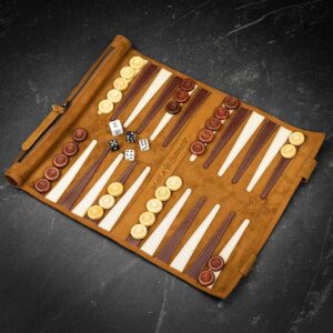 Melia Games Roll up Leather Backgammon Set - Whisky - Travel   - add a Personalised Brass Plaque