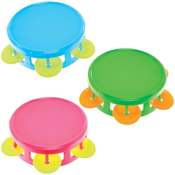 Mini Toy Tambourines (Pack of 6) Pocket Money Toys 3 assorted colourways - Pink/Yellow