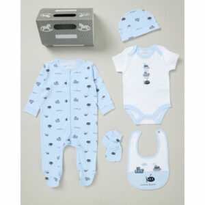 Rock A Bye Baby Boys Boat Print All in One Cotton 5-Piece Gift Set - Sky Blue - Size Newborn