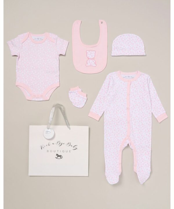 Rock A Bye Baby Girls Floral Bear Print 5-Piece Hanging Gift Set - Pink - Size 0-3M