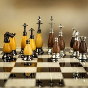 Dal Rossi Black & White Leather Chess Board/Storage Box with Metal Marble Finish Chess Set - Large  - can be Engraved or Personalised