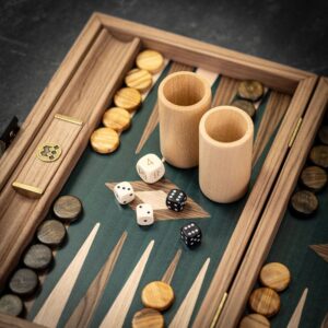 Manopoulos Handmade American Green Walnut Inlaid Backgammon Set - Travel  - add a Personalised Brass Plaque