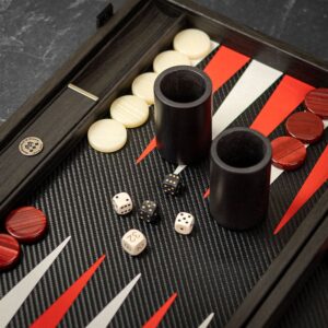 Manopoulos Handmade Classic Black & Red Inlaid Carbon Fibre Backgammon Set - Tournament  - add a Personalised Brass Plaque