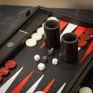 Manopoulos Handmade Classic Black & Red Inlaid Carbon Fibre Backgammon Set - Travel  - add a Personalised Brass Plaque