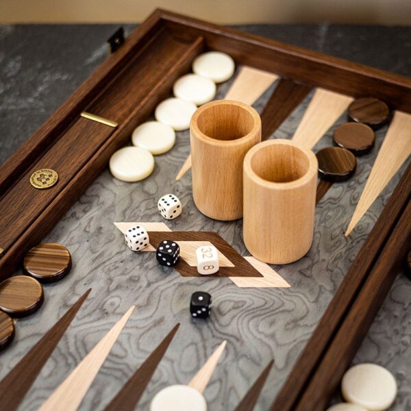 Manopoulos Handmade Pearly Grey Vavona & Oak/Wenge Inlaid Backgammon Set - Tournament  - add a Personalised Brass Plaque