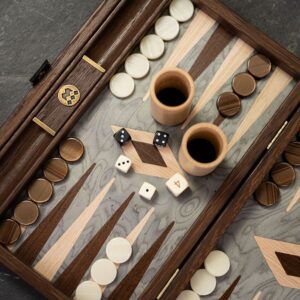 Manopoulos Handmade Pearly Grey Vavona & Oak/Wenge Inlaid Backgammon Set - Travel  - add a Personalised Brass Plaque