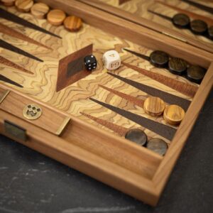 Manopoulos Inlaid Olive Burl Backgammon Set - Travel  - add a Personalised Brass Plaque