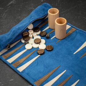 Manopoulos Roll-up - Suede Travel Backgammon Set - RAF Blue   - add a Personalised Brass Plaque