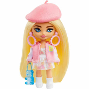 Barbie Extra Mini Doll Blonde with Beret and Varsity Jacket and Gummy Bear Purse
