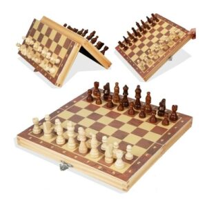 Magnetic Wooden Chess Board Set Folding International Chess Game 11.4x11.4in with Crafted Chess Pieces and Storage Slots for Kids Adults