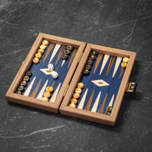 Manopoulos Handmade American Blue Walnut Inlaid Backgammon with Walnut & Oak - Portable  - add a Personalised Brass Plaque