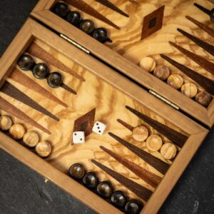 Manopoulos Handmade Olive Wood Inlaid Backgammon with Wenge & Mahogany  - Portable  - add a Personalised Brass Plaque