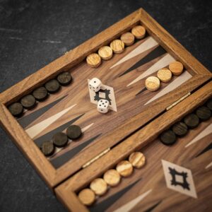 Manopoulos Handmade Wooden Backgammon Walnut Replica with Black & Oak - Portable  - add a Personalised Brass Plaque