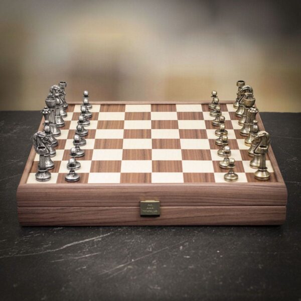 Manopoulos Oak Inlaid Chessboard with Metal Staunton Chessmen - Medium  - can be Engraved or Personalised