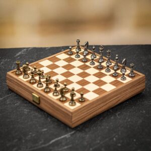 Manopoulos Oak Inlaid Chessboard with Metal Staunton Chessmen - Travel  - can be Engraved or Personalised