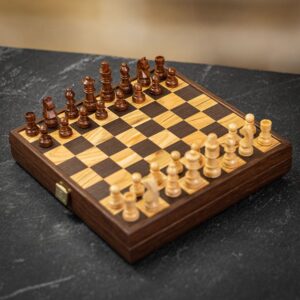 Manopoulos Olive Burl Inlaid Chessboard with Wooden Staunton Chessmen - Travel  - can be Engraved or Personalised