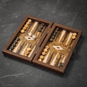 Manopoulos Walnut Burl Backgammon Set - Portable  - add a Personalised Brass Plaque